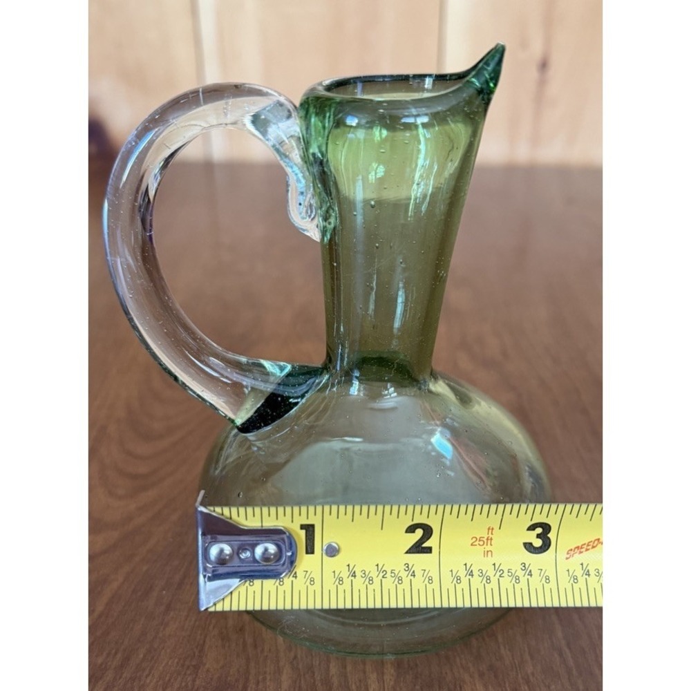 Hand Blown Vtg Lt Green Glass Applied Clear Handle‎ Cruet With Pontil 5" Bubbles - Picture 8 of 8
